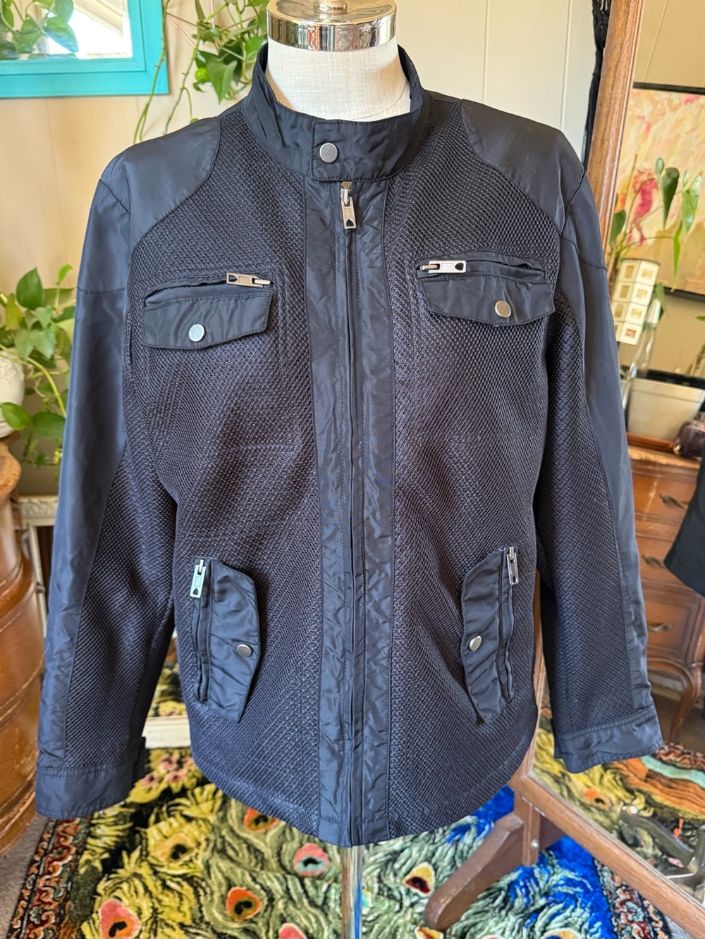 INC International Concepts Black Nylon Utility Jacket, Size L